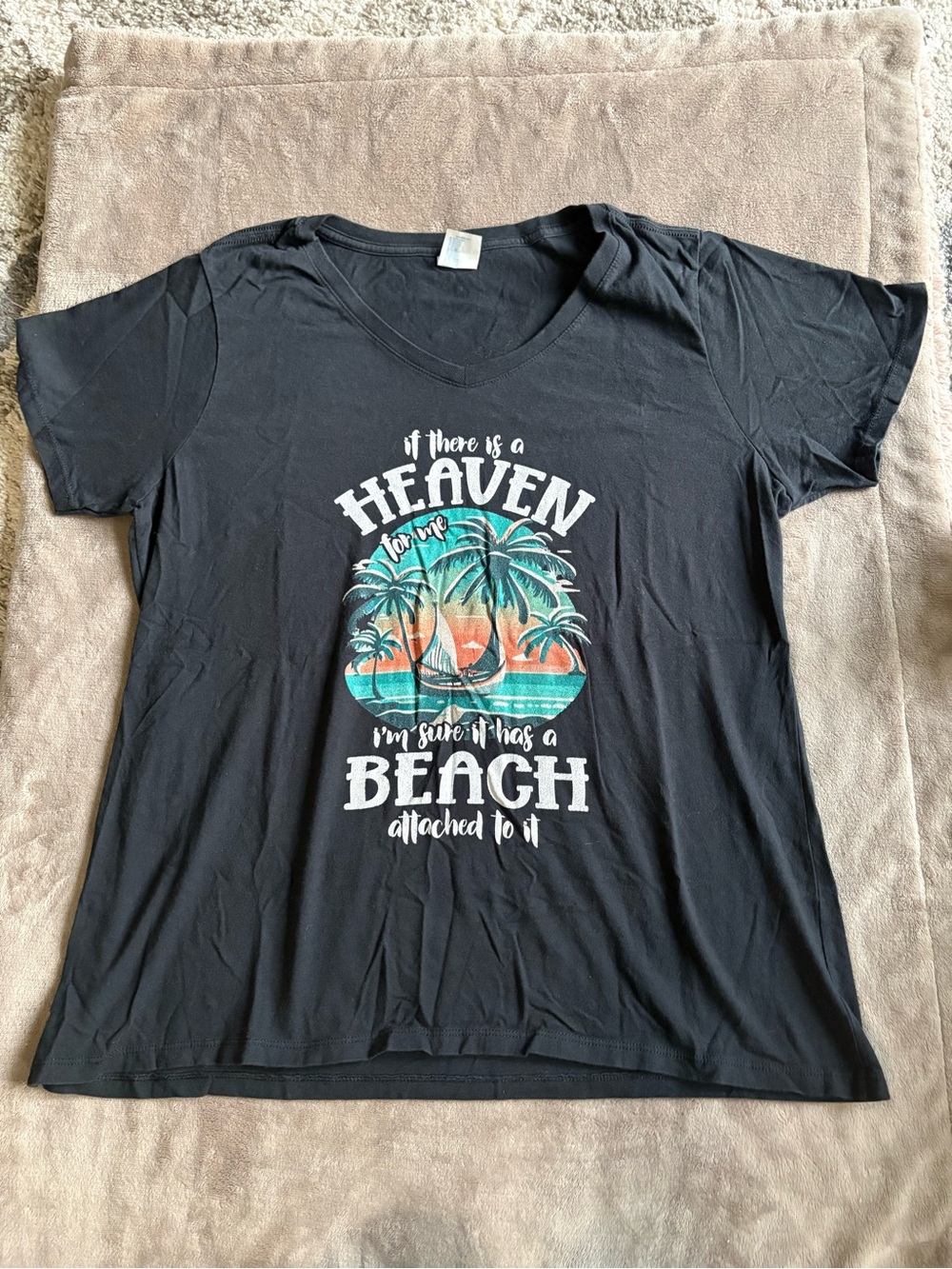 Black Graphic Tee with Tropical Beach Print